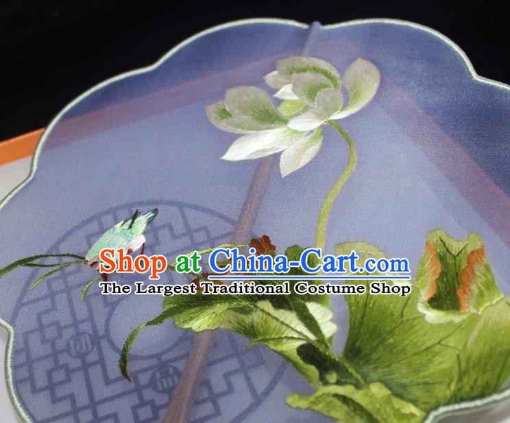 China Handmade Suzhou Embroidery Lotus Palace Fan Embroidered Dance Fan Traditional Hanfu Fan Blue Silk Fan