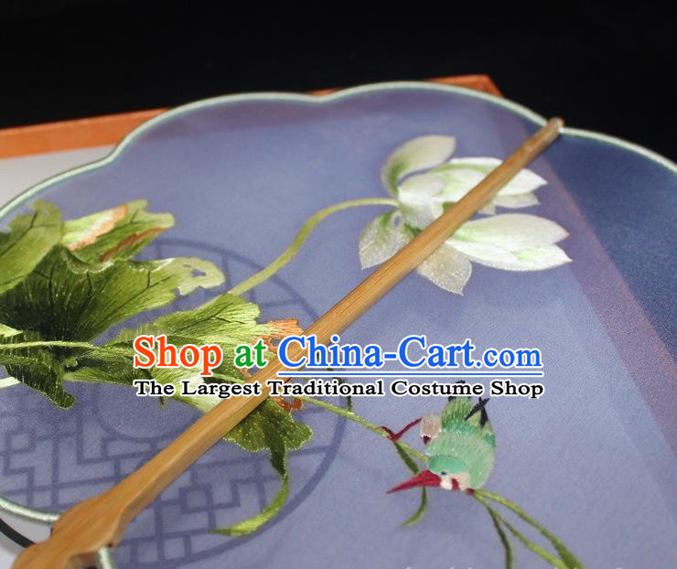 China Handmade Suzhou Embroidery Lotus Palace Fan Embroidered Dance Fan Traditional Hanfu Fan Blue Silk Fan