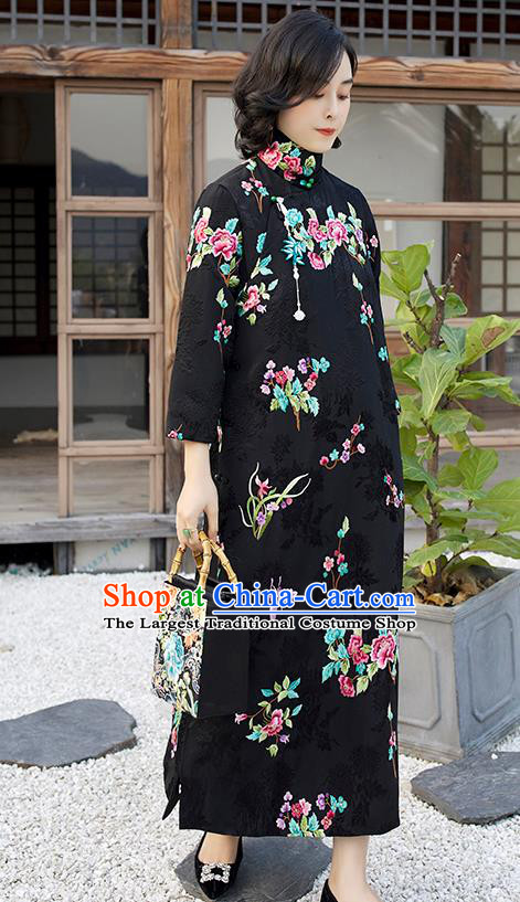 Traditional Embroidered Orchids Peony Cheongsam China National Clothing Black Satin Qipao Dress for Women