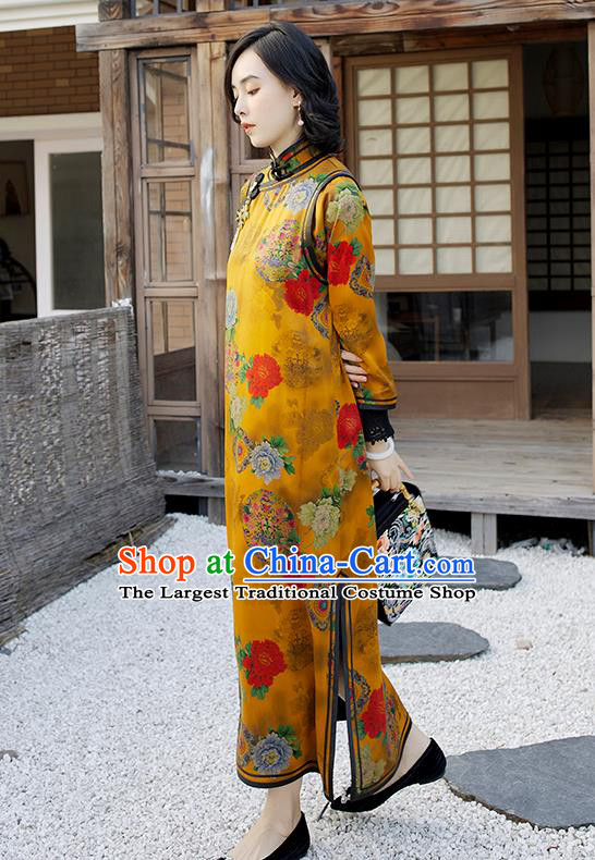 Traditional China Classical Peony Pattern Yellow Watered Gauze Qipao Dress National Clothing Long Cheongsam for Women