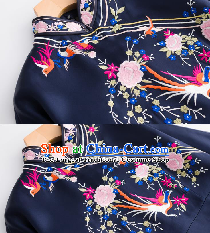 Traditional China Classical Phoenix Pattern Navy Watered Gauze Qipao Dress National Clothing Embroidered Cheongsam for Women