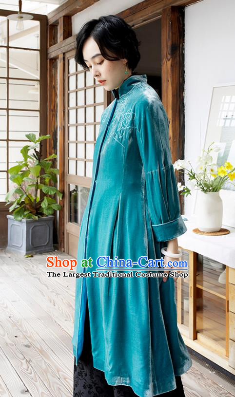 Chinese Traditional Clothing Women Blue Velvet Coat Outer Garment