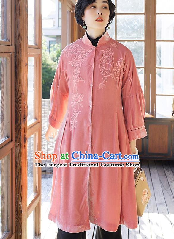 Chinese Women Embroidered Pink Velvet Coat Outer Garment Traditional Clothing