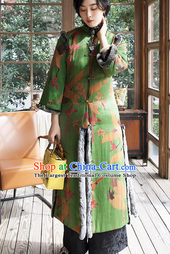 Chinese Winter Outer Garment Women Embroidered Green Watered Gauze Long Coat Traditional National Clothing