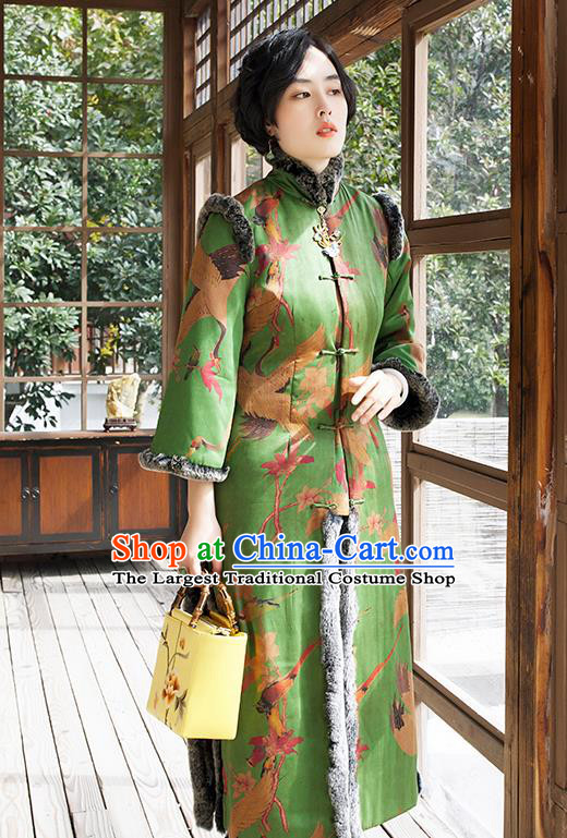 Chinese Winter Outer Garment Women Embroidered Green Watered Gauze Long Coat Traditional National Clothing