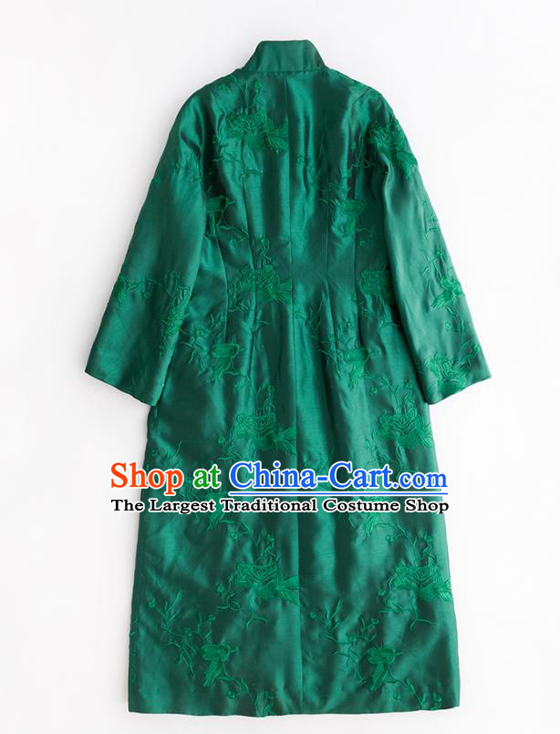 Chinese Winter Deep Green Cotton Padded Coat Traditional National Clothing Women Embroidered Coat Outer Garment