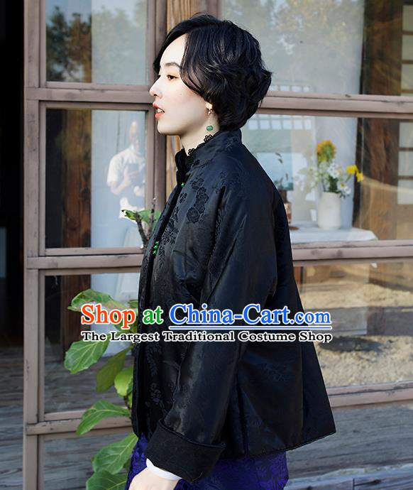 Chinese Winter Black Silk Cotton Padded Jacket Traditional National Clothing Embroidered Coat Women Outer Garment