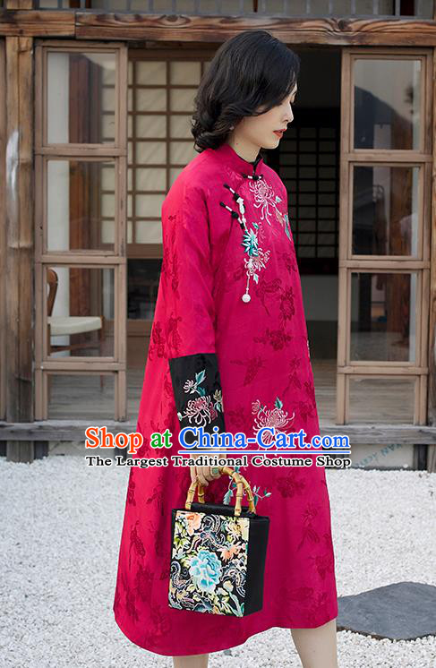Traditional Embroidered Cheongsam Republic of China Young Mistress Deep Rosy Satin Qipao Dress National Clothing for Women