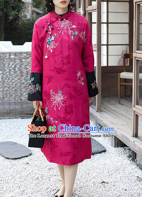 Traditional Embroidered Cheongsam Republic of China Young Mistress Deep Rosy Satin Qipao Dress National Clothing for Women