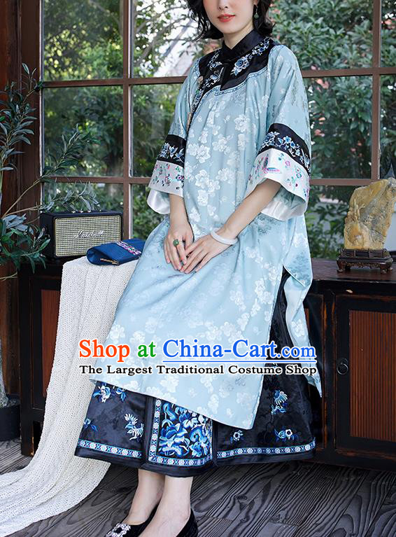 Traditional Qing Dynasty Embroidered Cheongsam Republic of China National Clothing Light Blue Silk Qipao Dress for Women