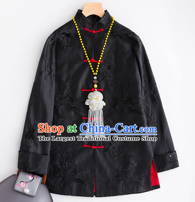Chinese Women Outer Garment Embroidered Silk Coat Embroidery Peony Black Silk Jacket Traditional National Clothing
