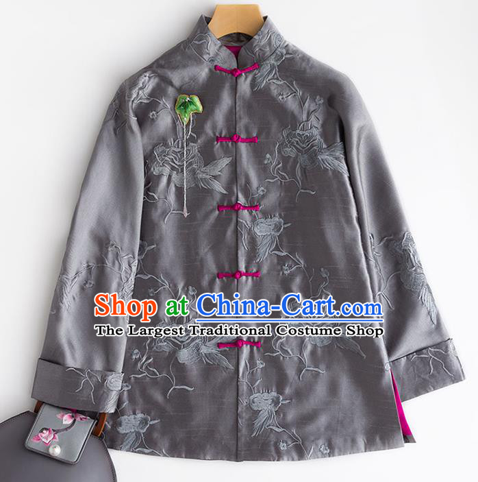 Chinese Embroidered Grey Silk Coat Traditional National Clothing Women Outer Garment Embroidery Jacket