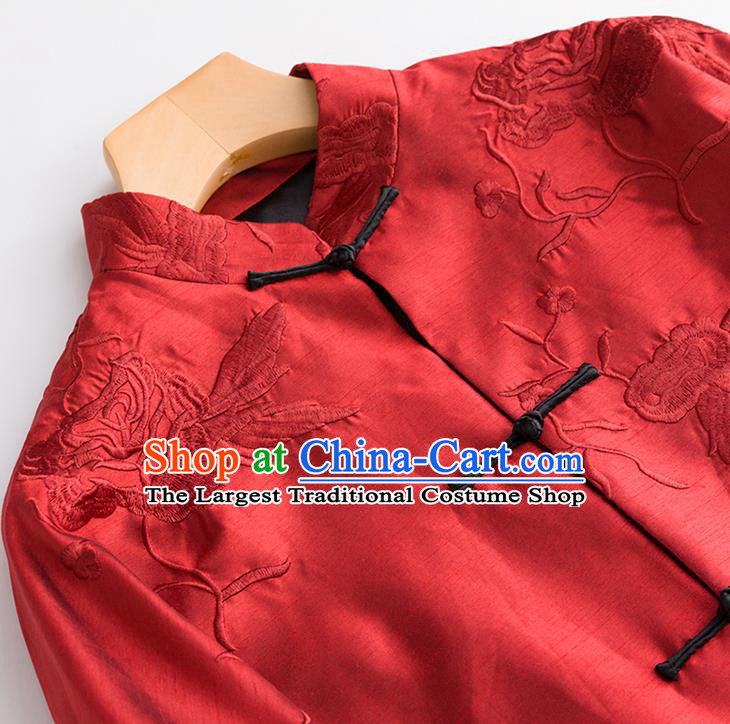 Chinese Women Outer Garment Traditional National Clothing Embroidery Jacket Embroidered Red Silk Coat