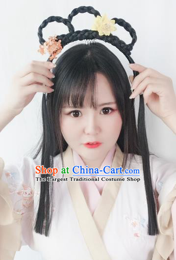 Chinese Ming Dynasty Wig Hairpiece Quality Wig Sheath China Ancient Cosplay Swordswoman Wigs Braid Hair Clasp