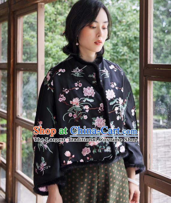 Chinese Tang Suit Embroidered Orchid Black Cotton Padded Jacket Women Outer Garment Traditional National Costume