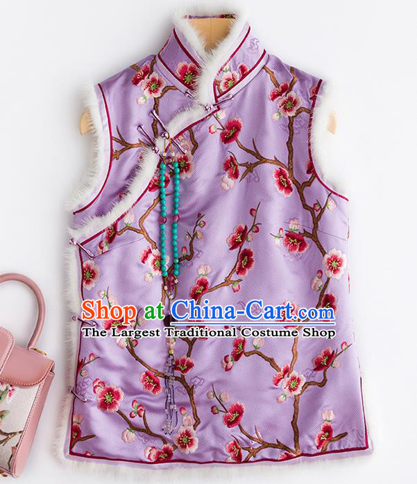 China National Clothing Traditional Women Upper Outer Garment Classical Embroidered Plum Lilac Silk Vest