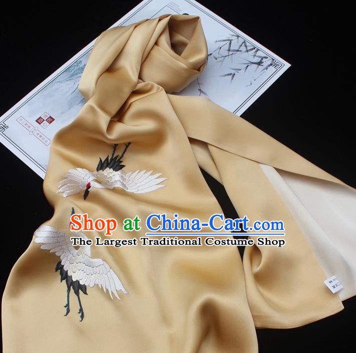 China Silk Tippet Cheongsam Embroidered Accessories Traditional Handmade Suzhou Embroidery Crane Yellow Scarf