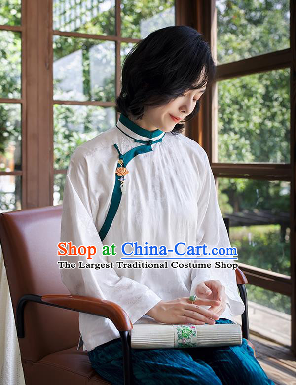 Chinese Tang Suit White Blouse Women Upper Outer Garment Traditional Costume Shirt