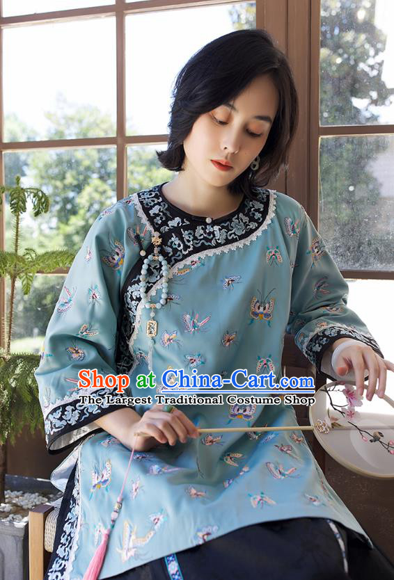 Chinese Traditional Qing Dynasty Women Upper Outer Garment Tang Suit Blouse Costume Embroidered Butterfly Blue Shirt