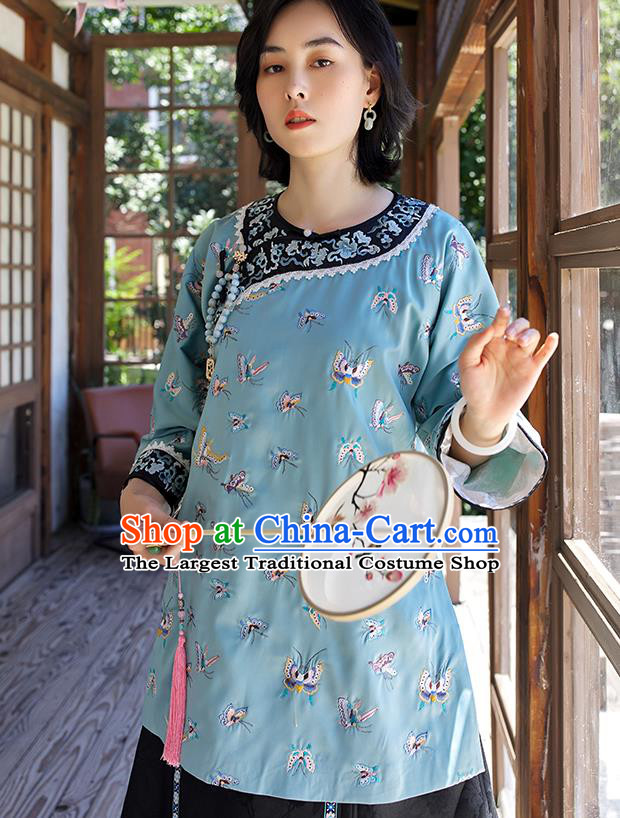 Chinese Traditional Qing Dynasty Women Upper Outer Garment Tang Suit Blouse Costume Embroidered Butterfly Blue Shirt