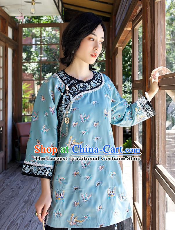 Chinese Traditional Qing Dynasty Women Upper Outer Garment Tang Suit Blouse Costume Embroidered Butterfly Blue Shirt