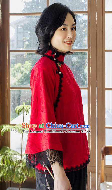 Chinese Jacquard Shirt Tang Suit Upper Outer Garment Traditional Red Lace Blouse Costume