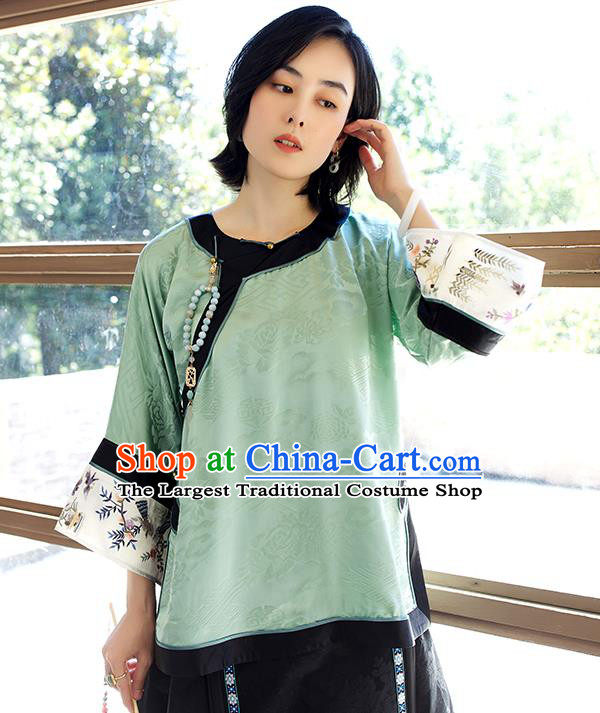 Chinese Traditional Qing Dynasty Costume Tang Suit Shirt Upper Outer Garment Embroidered Green Silk Blouse