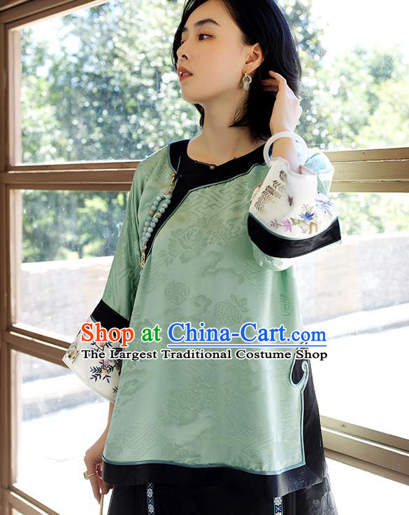 Chinese Traditional Qing Dynasty Costume Tang Suit Shirt Upper Outer Garment Embroidered Green Silk Blouse