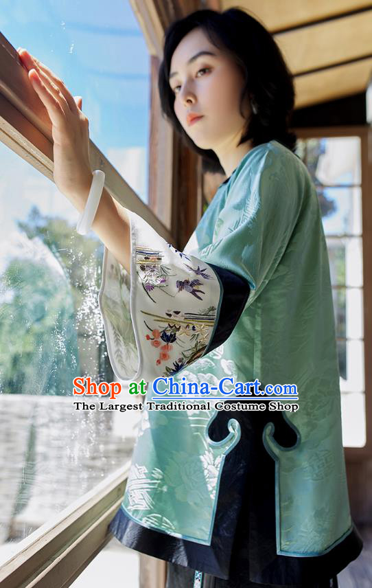 Chinese Traditional Qing Dynasty Costume Tang Suit Shirt Upper Outer Garment Embroidered Green Silk Blouse