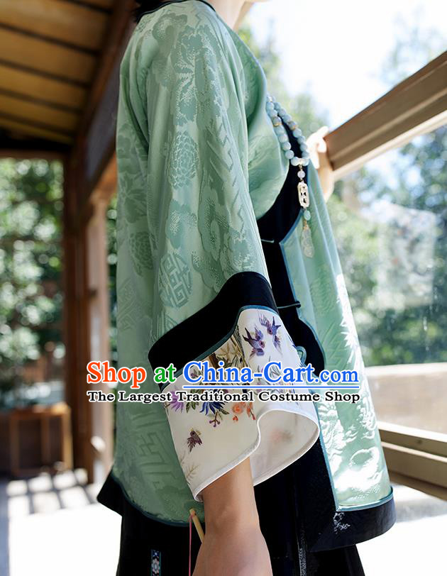 Chinese Traditional Qing Dynasty Costume Tang Suit Shirt Upper Outer Garment Embroidered Green Silk Blouse