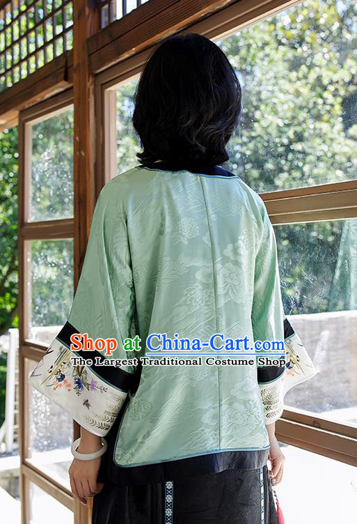 Chinese Traditional Qing Dynasty Costume Tang Suit Shirt Upper Outer Garment Embroidered Green Silk Blouse
