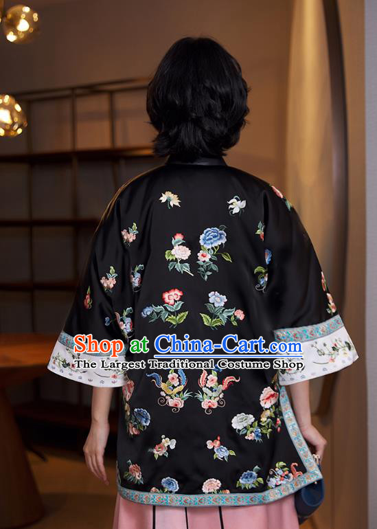 Chinese Qing Dynasty Court Women Black Shirt Tang Suit Upper Outer Garment Traditional Embroidered Blouse Costume