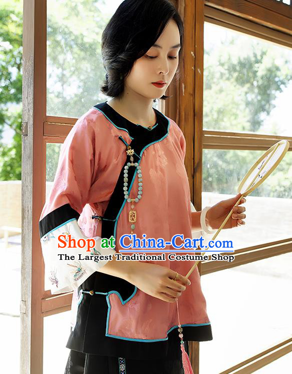 Chinese Traditional Tang Suit Blouse Upper Outer Garment Qing Dynasty Classical Pink Silk Shirt Embroidered Costume