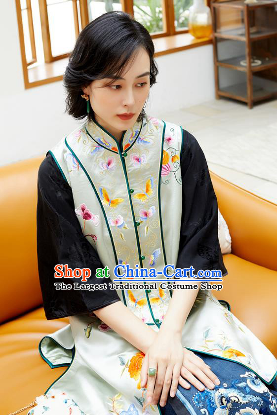 Chinese Traditional Tang Suit Light Green Long Vest Qing Dynasty Classical Embroidered Silk Waistcoat Costume