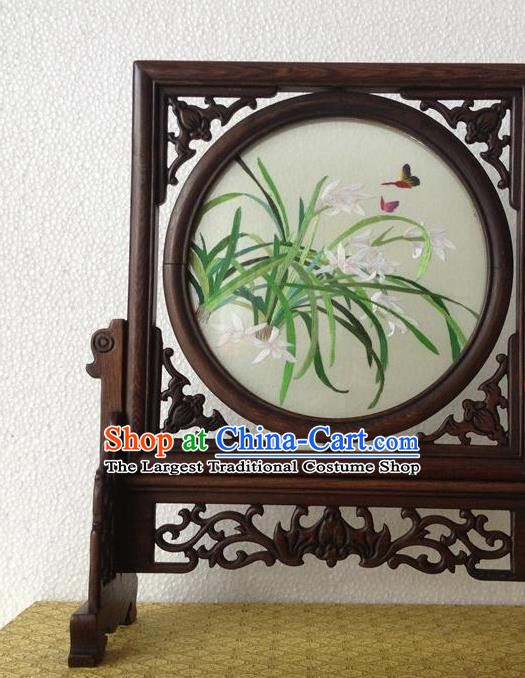 China Traditional Suzhou Embroidery Orchids Desk Screen Embroidered Craft Rosewood Table Decoration Handmade Ornaments