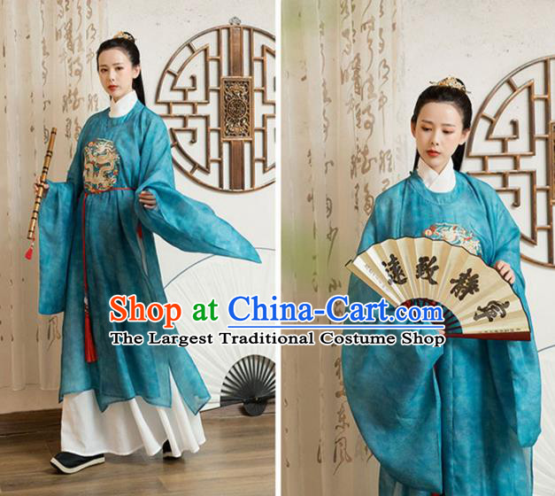 Chinese Song Dynasty Noble Childe Historical Costumes Traditional Ancient Prince Hanfu Apparels Blue Robe and Underwear for Men