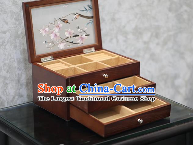 China Traditional Embroidered Jewel Case Handmade Wood Three Layers Jewelry Box