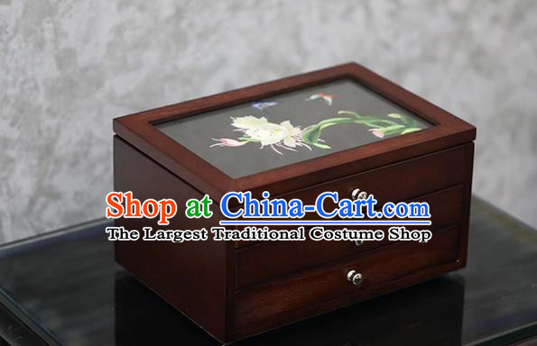 China Handmade Wood Three Layers Jewelry Box Traditional Embroidered Epiphyllum Jewel Case