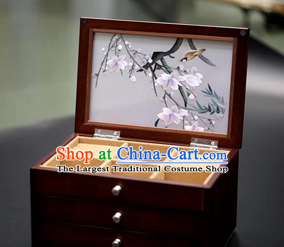 China Handmade Three Layers Jewelry Box Traditional Embroidered Mangnolia Wood Jewel Case