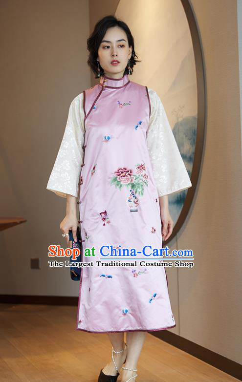 China Traditional Embroidered Sleeveless Cheongsam National Women Clothing Classical Pink Silk Qipao Dress