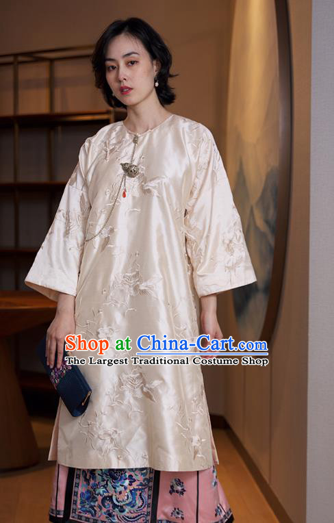 China Traditional Embroidered Beige Cheongsam Classical Qipao Dress National Women Clothing