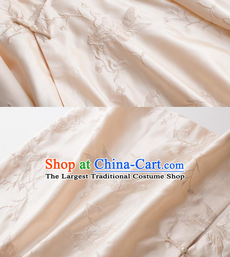 China Traditional Embroidered Beige Cheongsam Classical Qipao Dress National Women Clothing