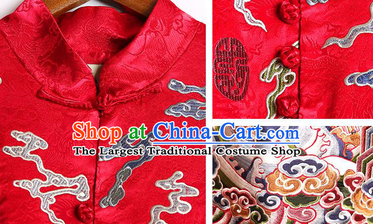 Chinese Tang Suit Dust Coat National Outer Garment Embroidered Red Brocade Costume