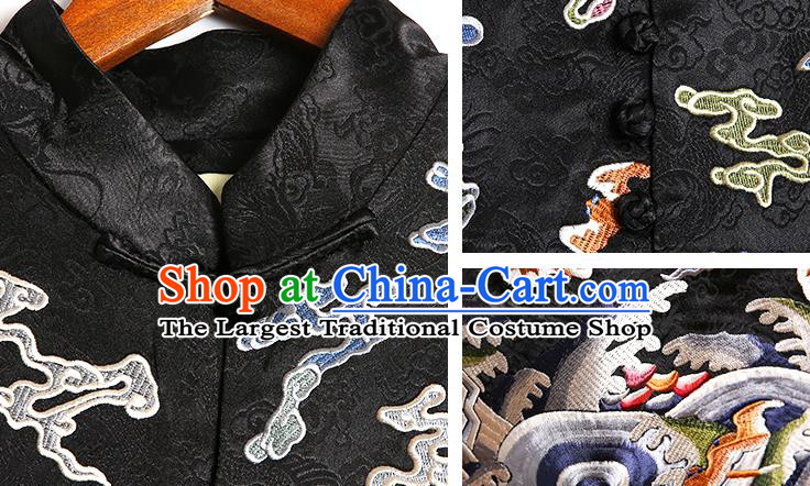 Chinese National Outer Garment Embroidered Brocade Costume Tang Suit Black Dust Coat