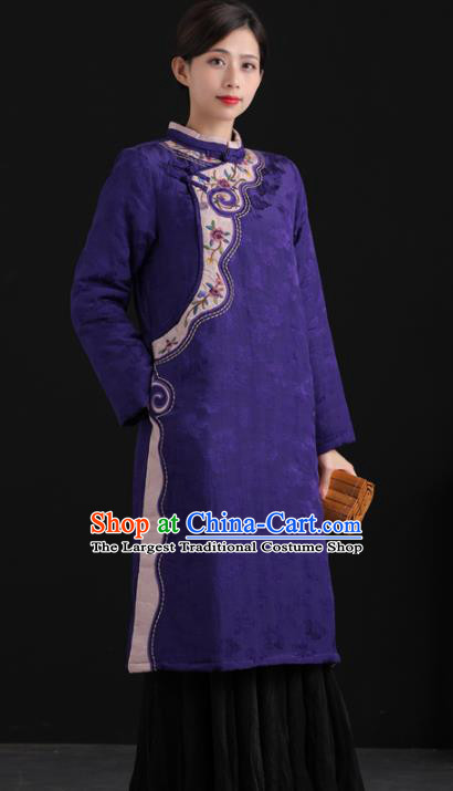 Top China Tang Suit Embroidered Clothing National Qipao Traditional Women Classical Dress Purple Flax Cheongsam