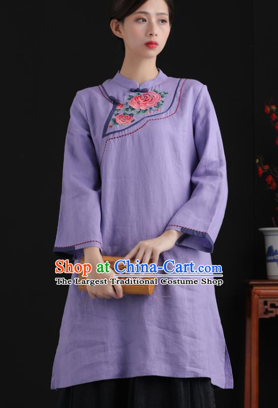 Top China Traditional Women Classical Dress Tang Suit National Qipao Embroidered Purple Flax Cheongsam Clothing