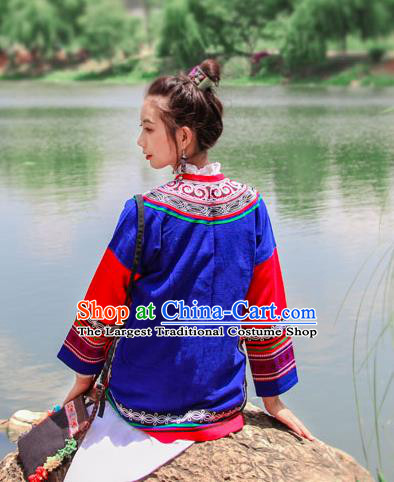 Chinese Tang Suit Upper Outer Garment Yunnan National Costume Embroidered Royalblue Flax Jacket
