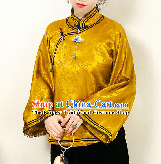 Chinese Traditional Tang Suit Upper Outer Garment Classical Wide Sleeve Shirt Golden Silk Cheongsam Blouse