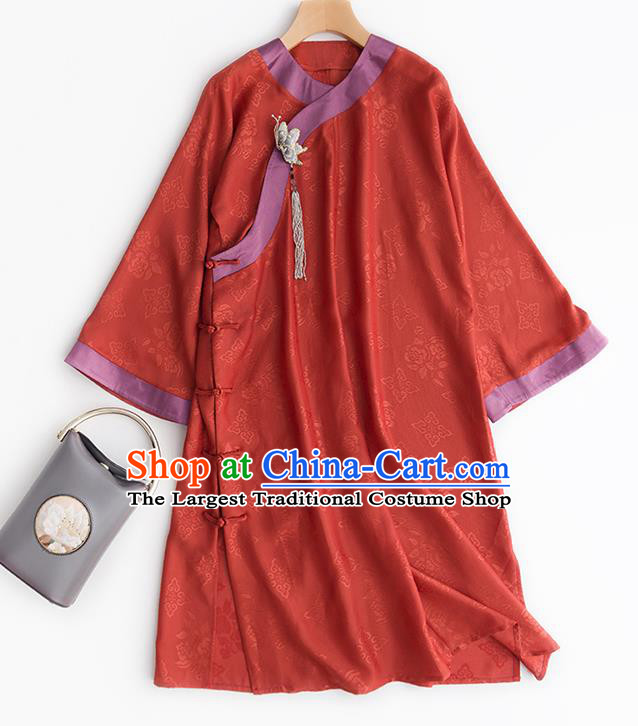 Chinese Traditional Orange Silk Long Shirt Classical Blouse Tang Suit Upper Outer Garment Costume