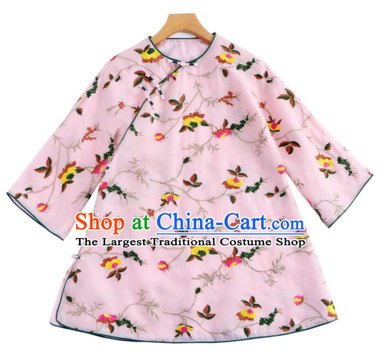 Traditional Chinese Tang Suit Upper Outer Garment Costume Classical Blouse Embroidered Pink Shirt